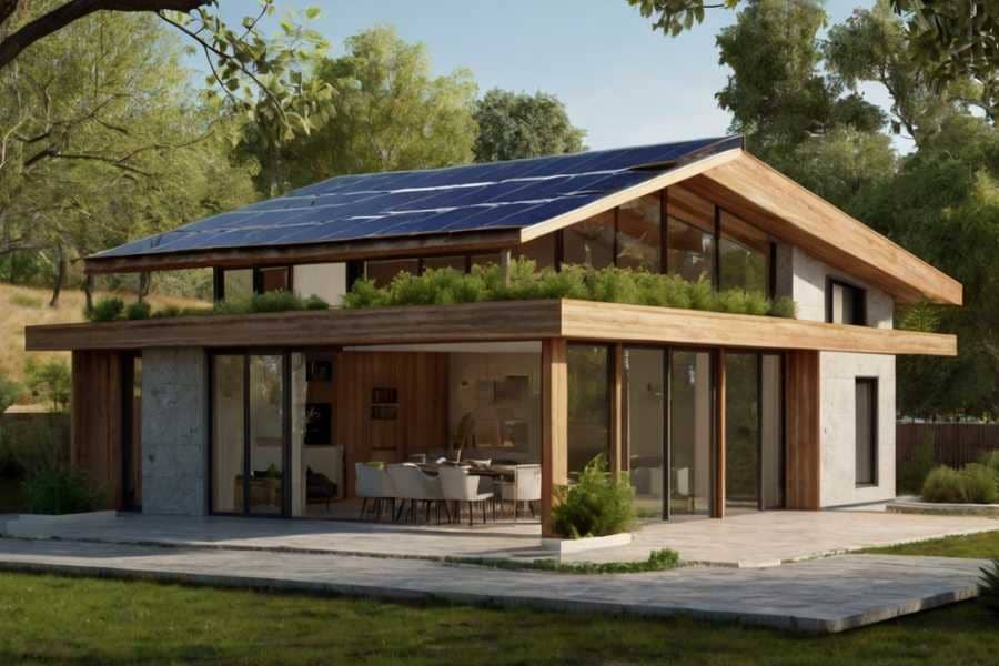 Casa con paneles solares en el tejado y Calefacción por aerotermia